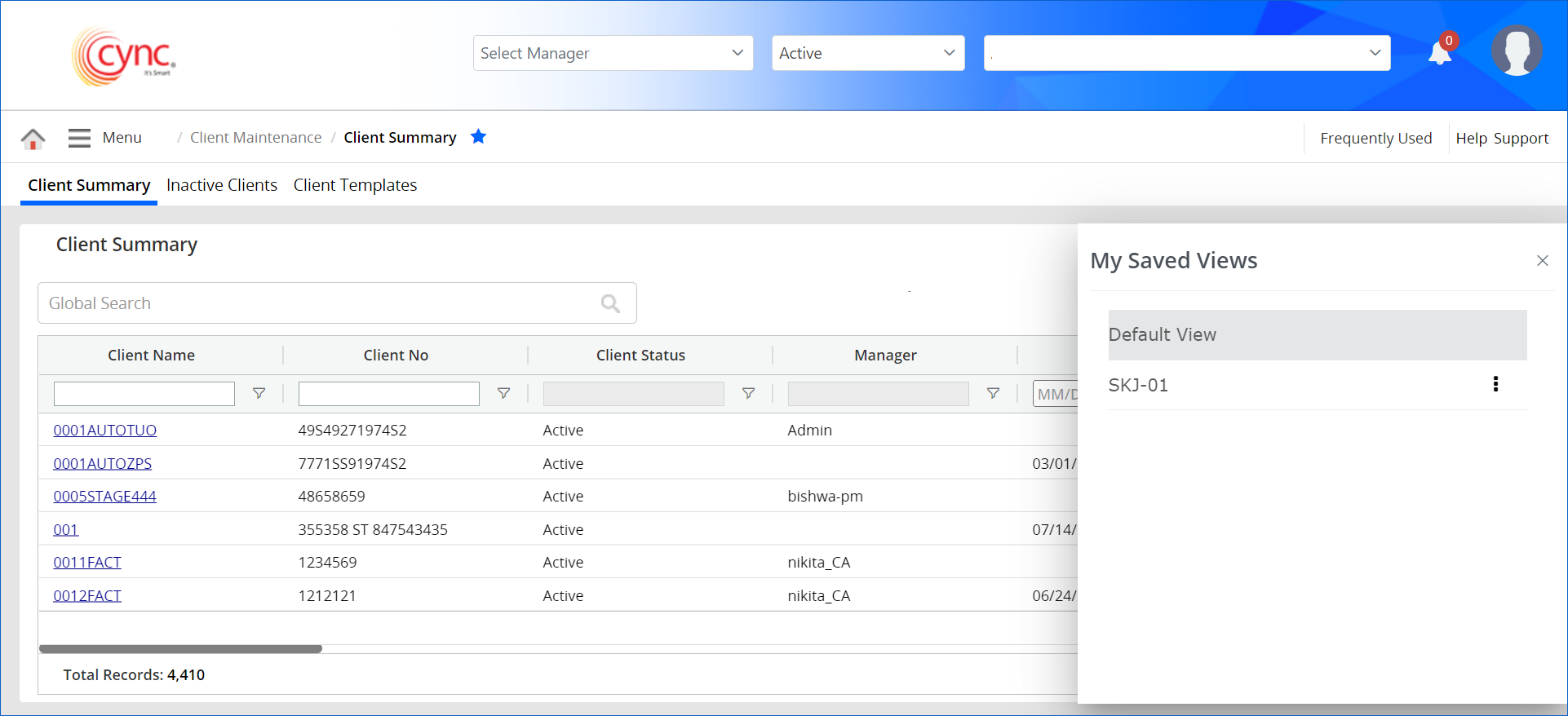 Client summary page - Saved views