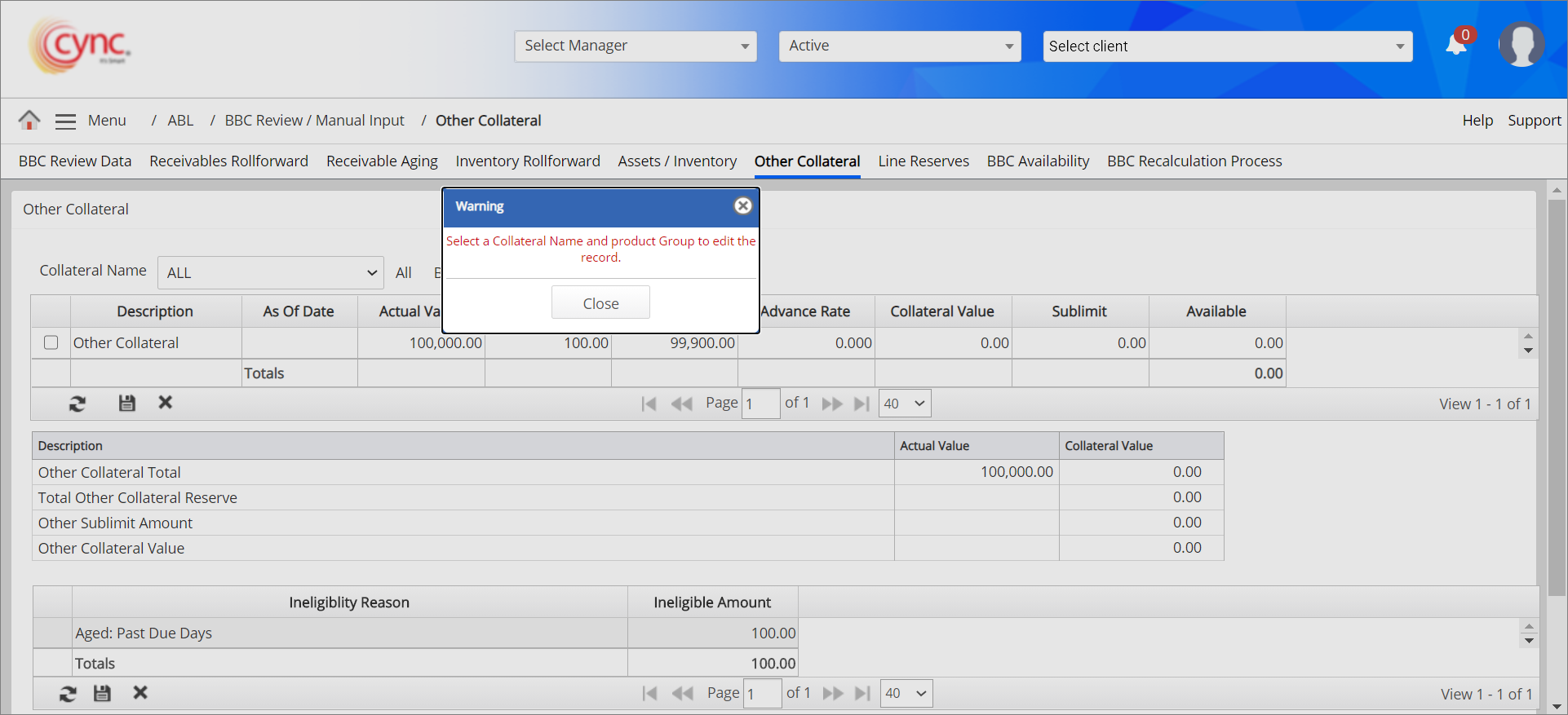 Warning - Select a collateral name popup