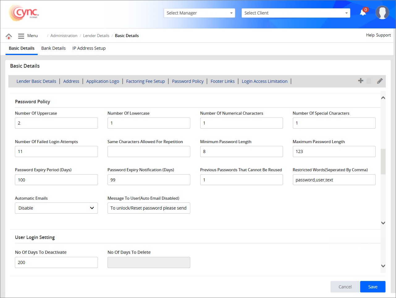 Basic details - Password Policy settings