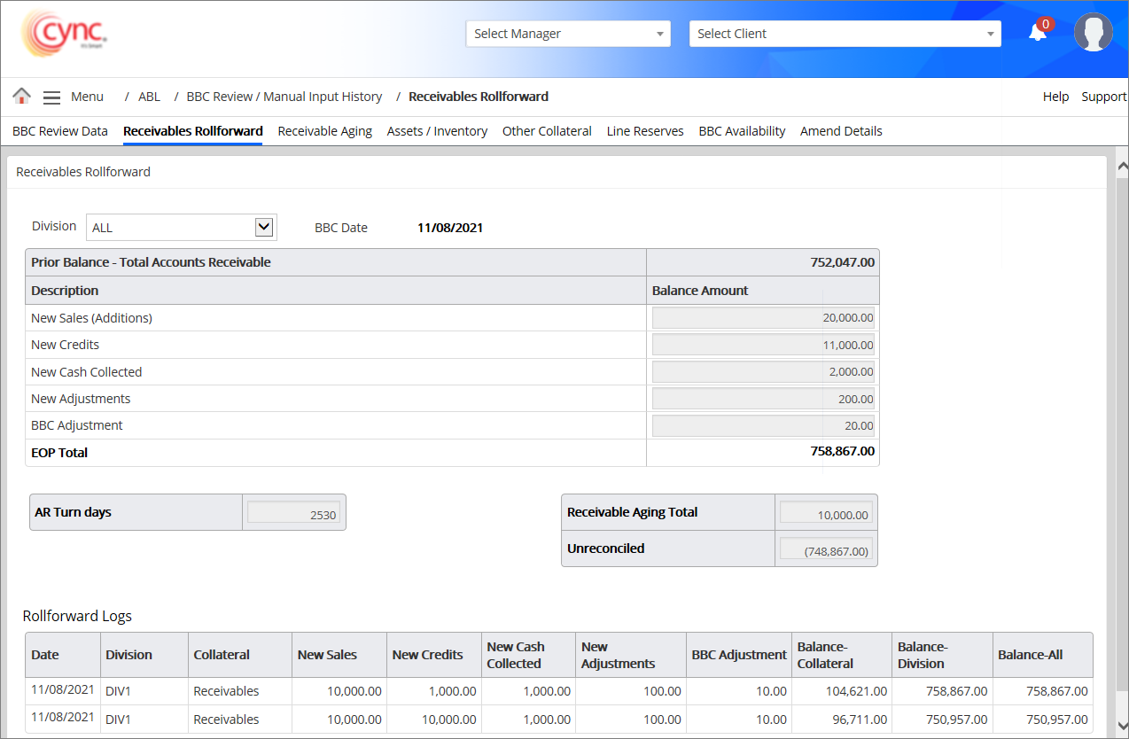 Receivables Rollforward page