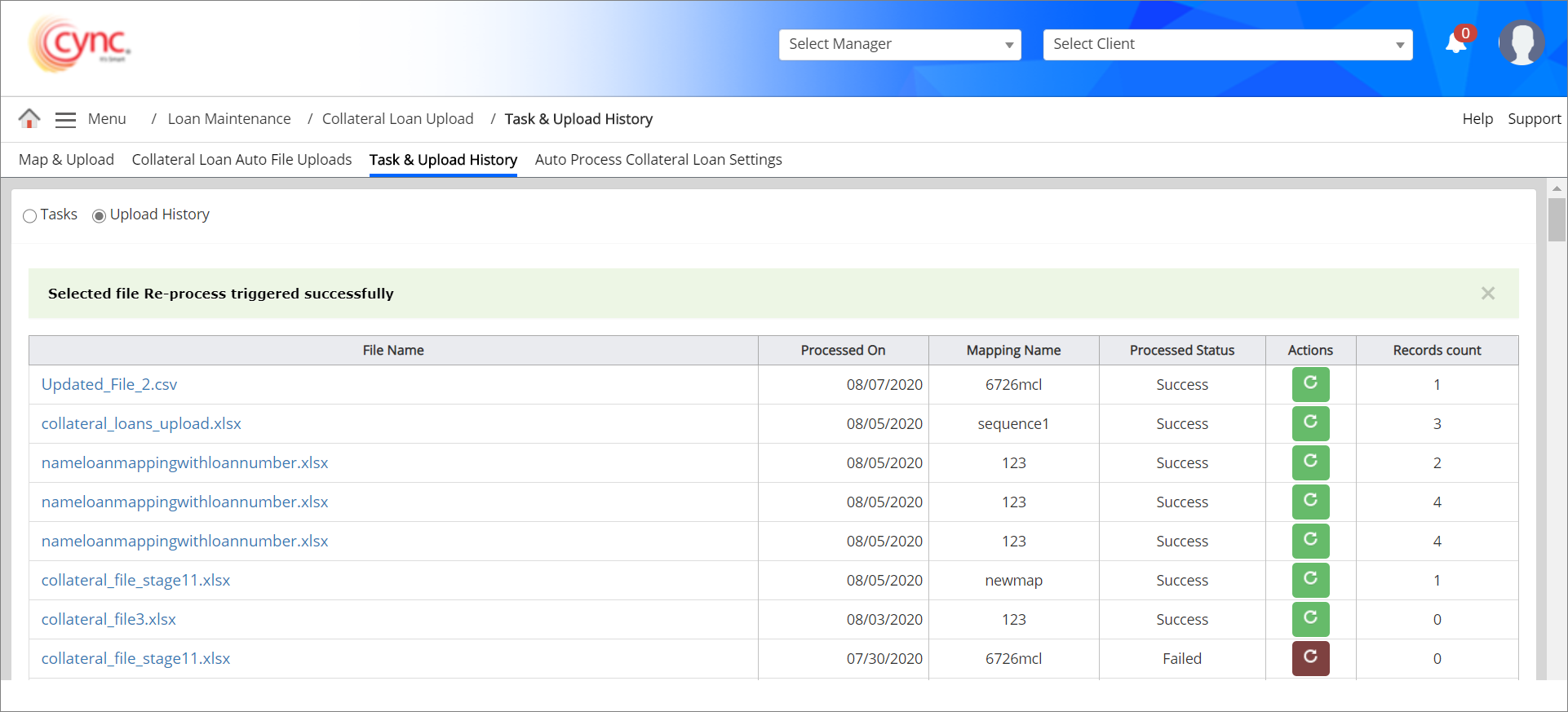 Success - Task and upload history  - Undo file initiated 