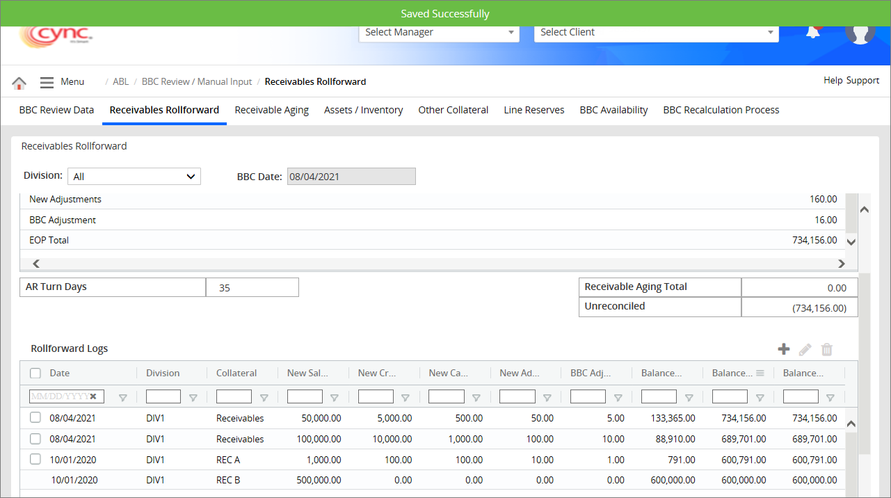 Success - Rollforward data saved