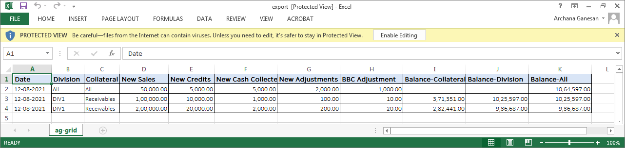 Logs exported in xml file format