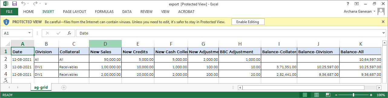 Logs exported in Excel file format