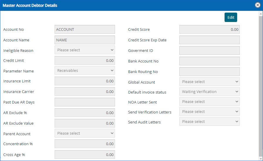  Master Account Debtor Details popup