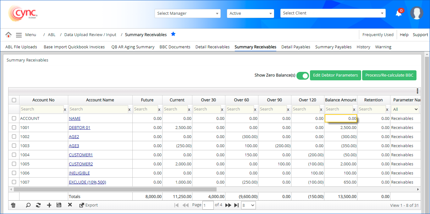 Summary Receivables page