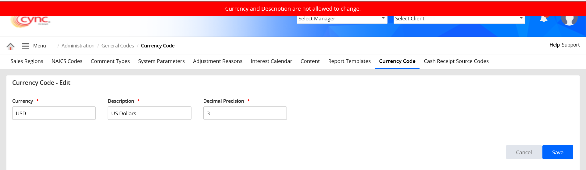 Validation - Currency and Description are not allowed to change