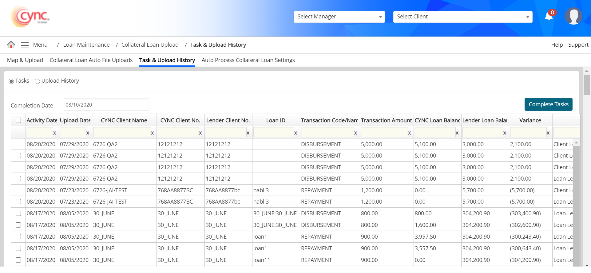 Task & Upload History page