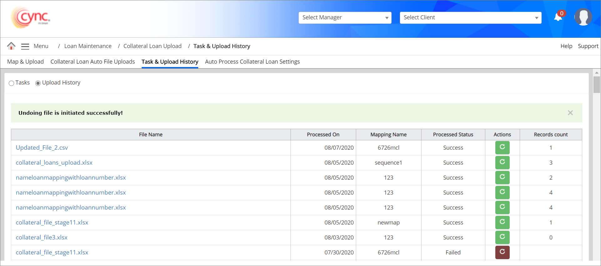 Task and upload history  - Undo file initiated 