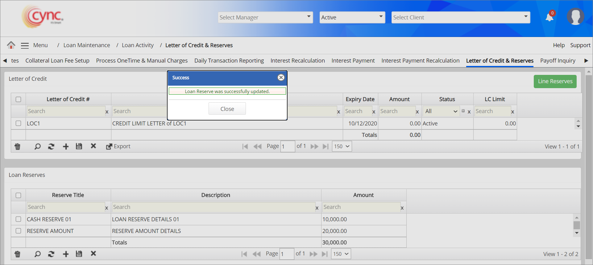 Success prompt - Loan reserves updated