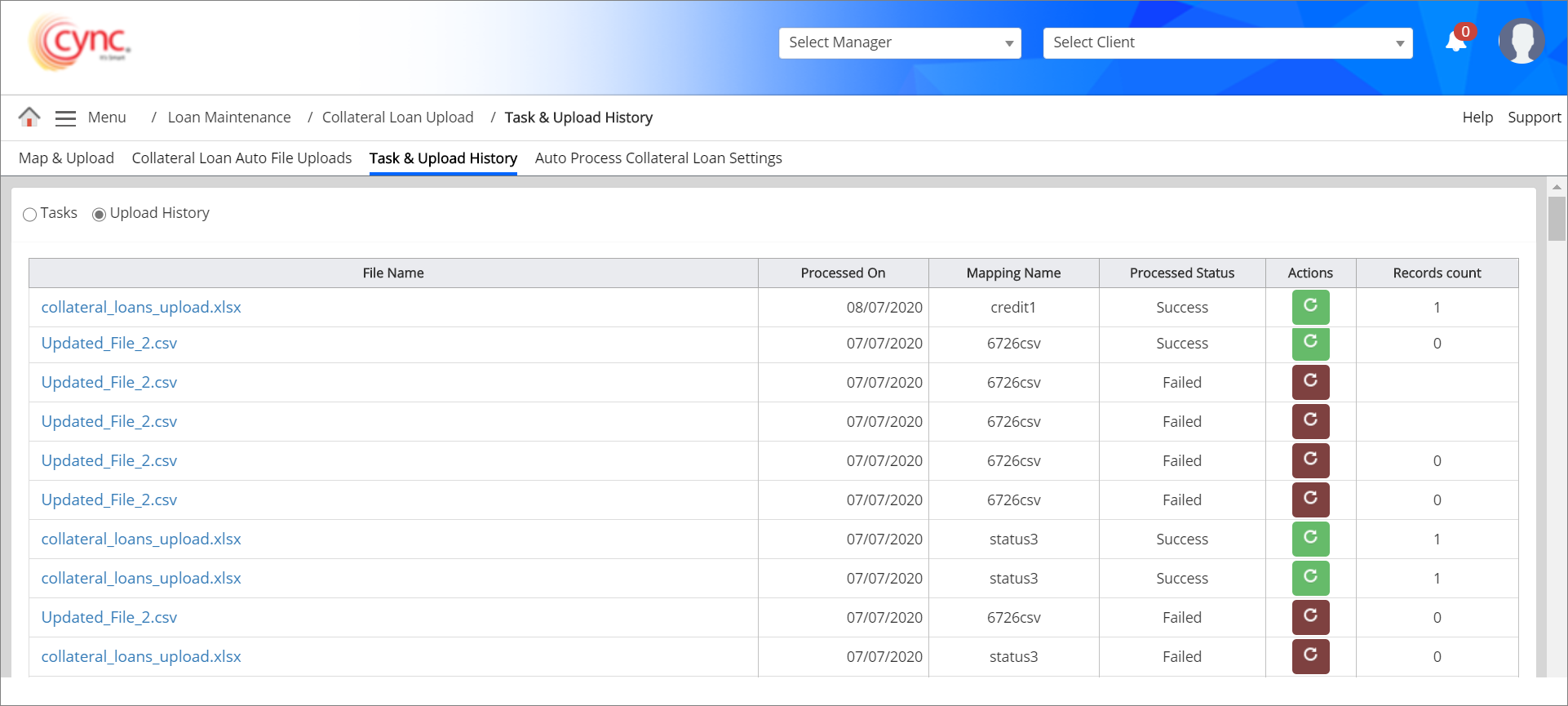 Upload history - task and Upload History page