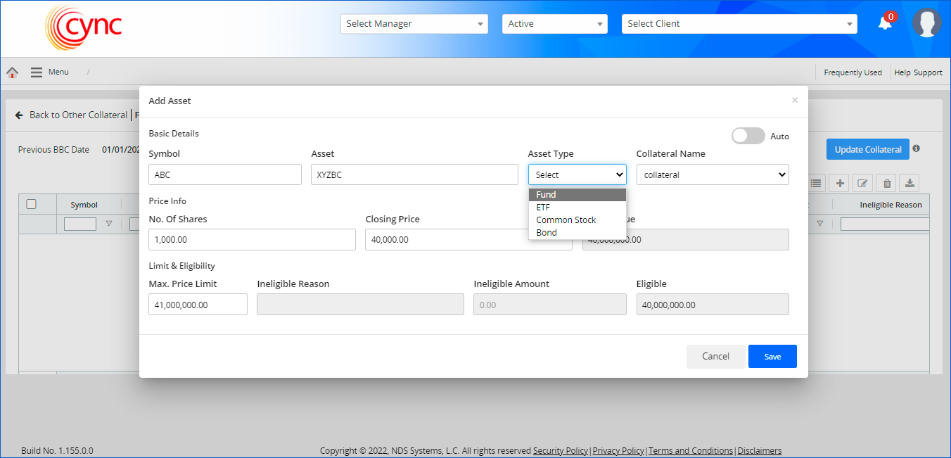 Add Asset popup