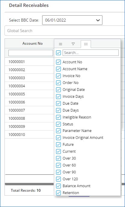 Detail Receivables page select columns